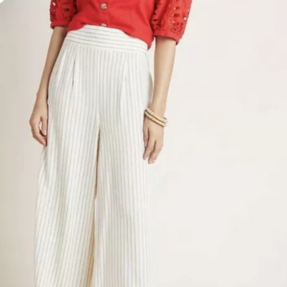Anthropologie Cream Beige Striped Side Button Wide Leg Pants Size 6 - Picture 3 of 14